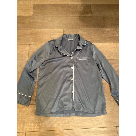 Luxury Blue Pajama Set With White Piping Button-Up Top & Drawstring Pants - Picture 5 of 7